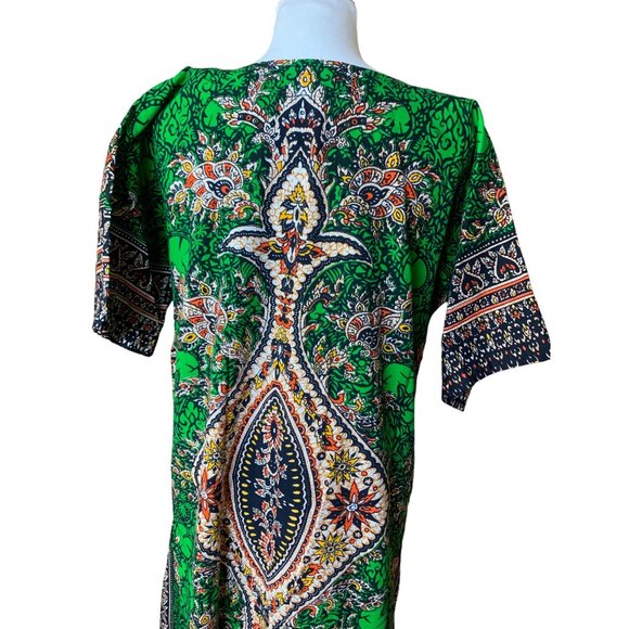 Sabysco Womens Large Bohemian Green & Black Kaftan Dress 100% Cotton Maxi vintag - Picture 6 of 10